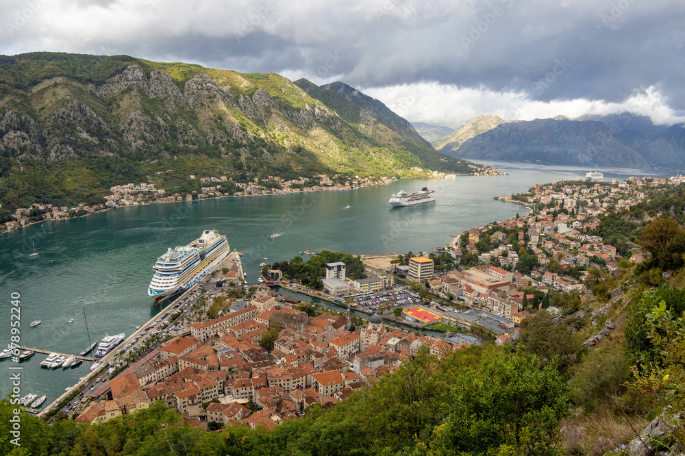 View of the fortified town of Kotor from San Giovanni Castle, Bay of Kotor, Adriatic Coast, Montenegro