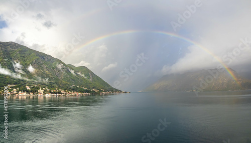 Magnificent rainbow over the Bay of Kotor  on Montenegro   s Adriatic coast