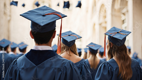 Rear view of university graduates wearing graduation gown and cap