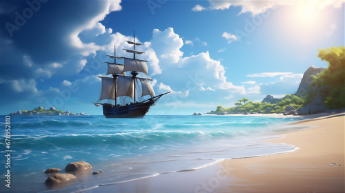 calm sea at tropical beach in blue bright sky, a huge pirate sailing ship sailed above it, reflection, coconut trees, beautiful sky, hyper realistic, dramatic light and shadows