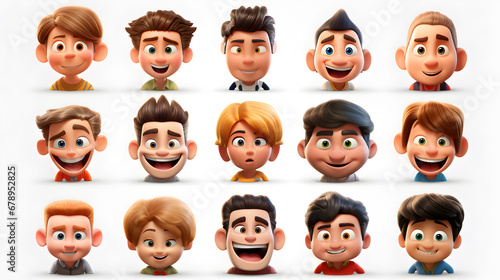 Set of funny 3d cartoon faces isolated on white background