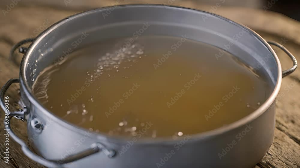 Closeup water finally reaching state rest, with just tiny bubbles clinging sides pot.