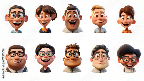 Set of funny cartoon people 3d animation with various races isolated on white background