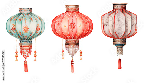 Delicate ornamental Chinese lanterns on isolated transparent background photo