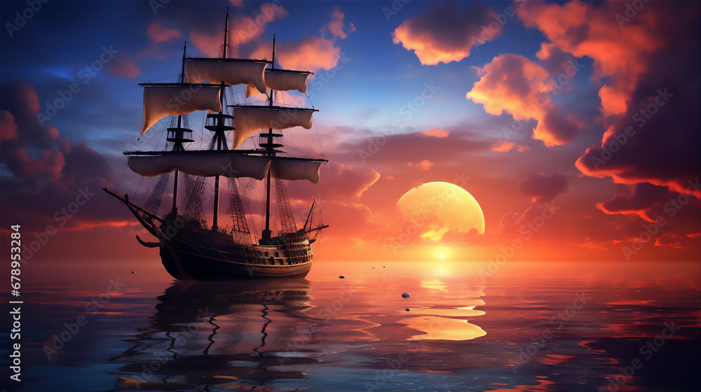 calm sea at tropical beach in sunset, a huge pirate sailing ship sailed above it, reflection, coconut trees, beautiful sky, hyper realistic, dramatic light and shadows