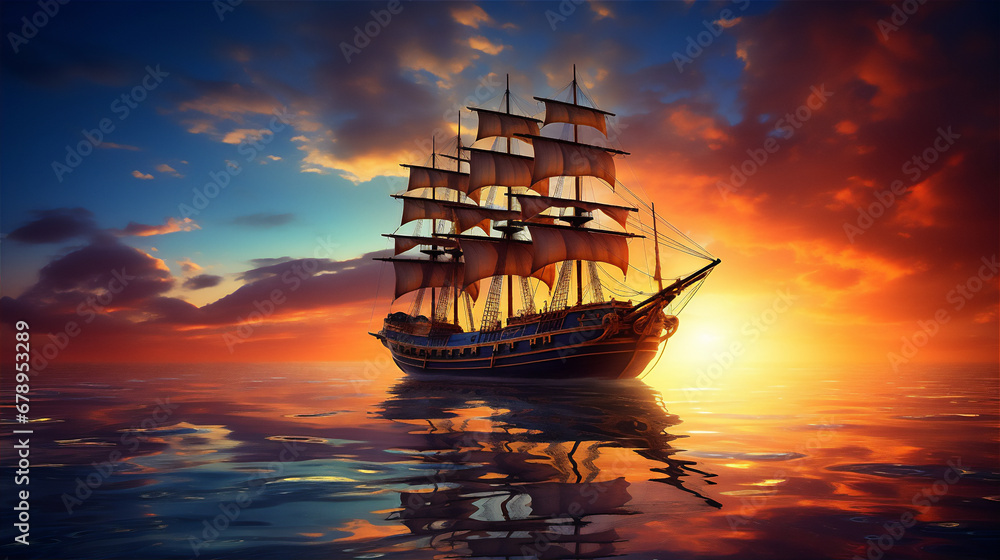 Obraz premium calm sea at tropical beach in sunset, a huge pirate sailing ship sailed above it, reflection, coconut trees, beautiful sky, hyper realistic, dramatic light and shadows