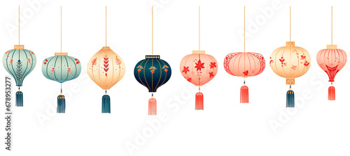 Minimal style illustration of a line of colorful Chinese lanterns over isolated transparent background