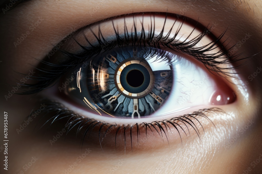 Fototapeta premium Futuristic woman eye display cyberspace concept science. AI generative