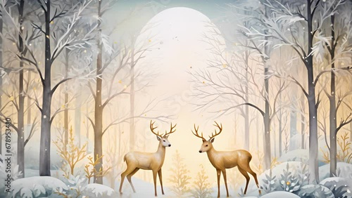 An antique Christmas card with a stunning watercolor ilration of a snowy forest, complete with a fox and deer prancing ast the trees. The card is embellished with gold foil accents. photo