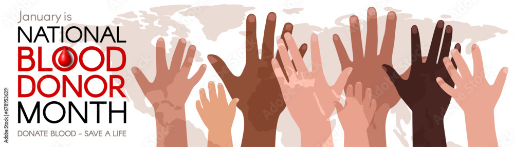 National Blood Donation Month long horizontal banner with diverse hands. Modern flat vector illustration National Blood Donation Month long horizontal banner with diverse hands. Modern flat vector illustration