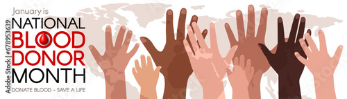 National Blood Donation Month long horizontal banner with diverse hands. Modern flat vector illustration