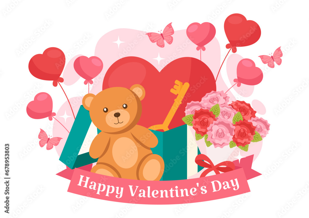 Obraz premium Happy Valentine's Day Vector Illustration on February 14 with Heart or Love for Couple Affection in Flat Valentine Holiday Cartoon Pink Background