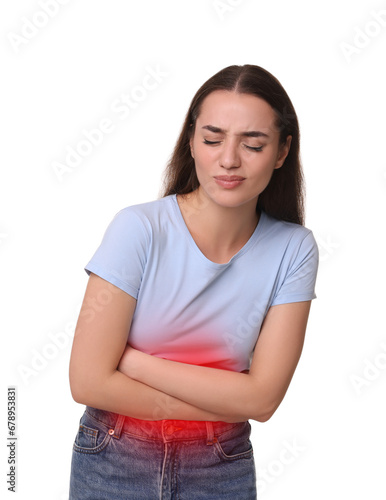 Woman suffering from stomach pain on white background