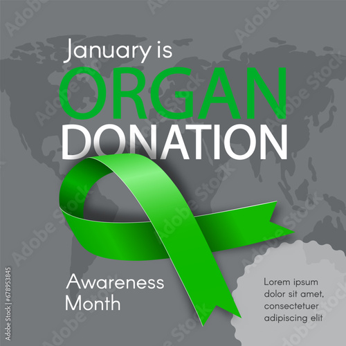 Banner for Organ Donation Awareness Month with a map and a green ribbon. Modern flat vector illustration