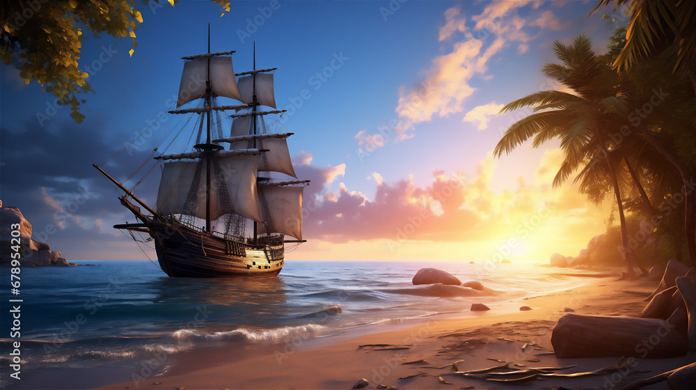 calm sea at tropical beach in sunset, a huge pirate sailing ship sailed above it, reflection, coconut trees, beautiful sky, hyper realistic, dramatic light and shadows calm sea at tropical beach in sunset, a huge pirate sailing ship sailed above it, reflection, coconut trees, beautiful sky, hyper realistic, dramatic light and shadows