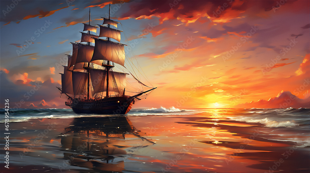 calm sea at tropical beach in sunset, a huge pirate sailing ship sailed above it, reflection, coconut trees, beautiful sky, hyper realistic, dramatic light and shadows