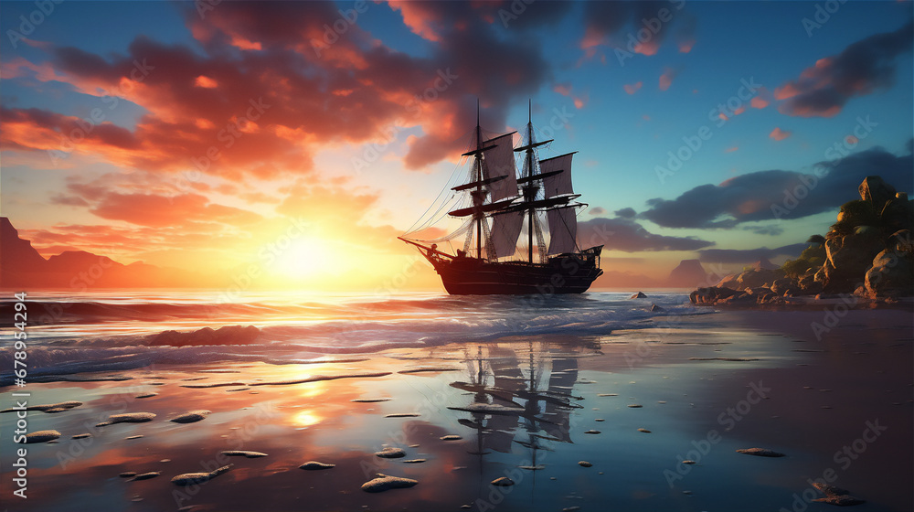 calm sea at tropical beach in sunset, a huge pirate sailing ship sailed above it, reflection, coconut trees, beautiful sky, hyper realistic, dramatic light and shadows