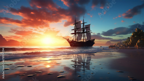 calm sea at tropical beach in sunset, a huge pirate sailing ship sailed above it, reflection, coconut trees, beautiful sky, hyper realistic, dramatic light and shadows © Maizal