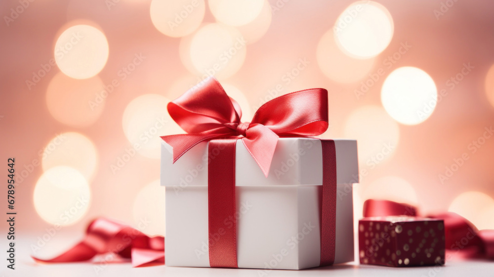 White gift box with red ribbon on light background White gift box with red ribbon on light background