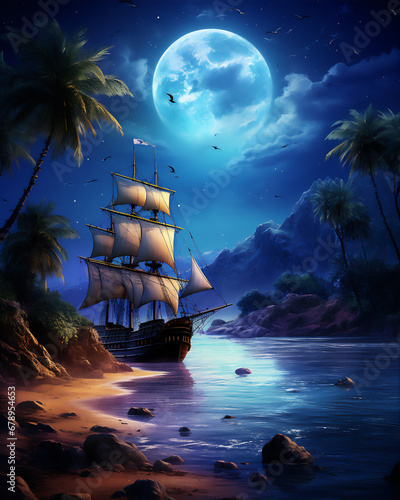calm sea at tropical beach in the night with the moon and stars, a huge pirate sailing ship sailed above it, reflection,  coconut trees, beautiful sky, hyper realistic, dramatic light and shadows