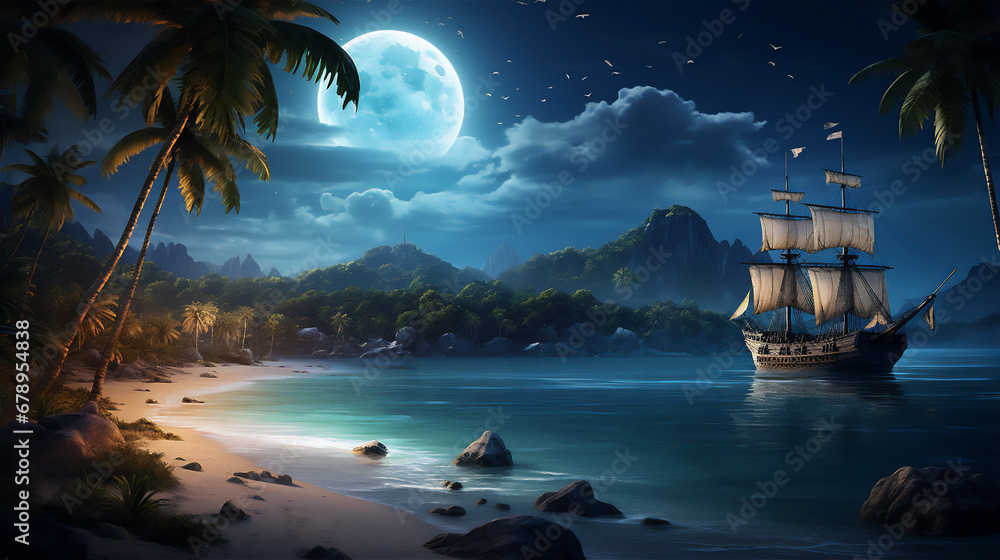 Fototapeta premium calm sea at tropical beach in the night with the moon and stars, a huge pirate sailing ship sailed above it, reflection, coconut trees, beautiful sky, hyper realistic, dramatic light and shadows
