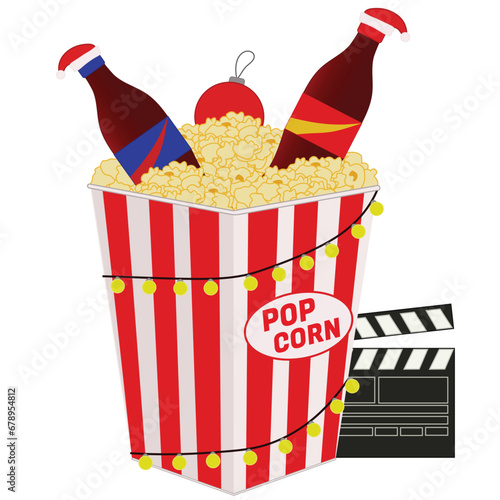 Bucket of popcorn with cola drink and movie clapper on white background