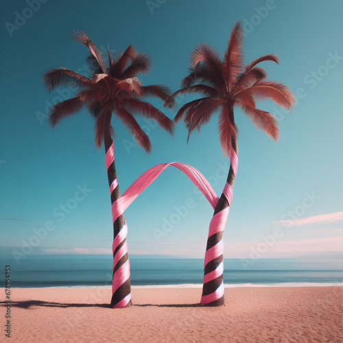 Scene of Two Palm Trees Wrapped as a Present in Pink in the Sand on a Coastal Tropical Beach. Concept of Traveling on a Christmas Holiday & Celebrating the Holidays Somewhere Warm Santa Arriving Boat