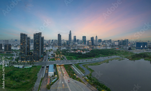 Aerial skyline view of Ho Chi Minh city during twilight period  Sai Gon cityscape
