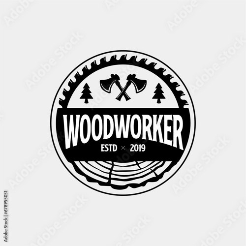 Carpentry and Wood saw Logo Vector, Chainsaws Line art Vintage Illustration, Carpenter and Wood Working Concept Design photo