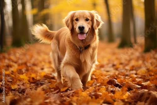 Golden retriever walking outdoors during autumn surrounded by fallen leaves © Muh