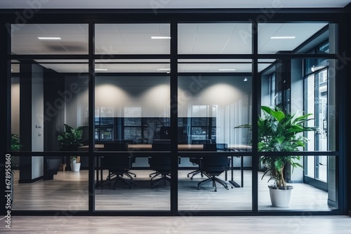 Glass door with black Aluminium frame in office building used as a wall background photo