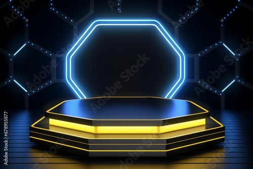 Futuristic podium with hexagonal stage platform yellow rings blue LED light backdrop
