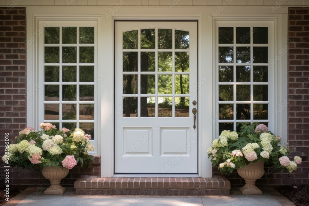 Front door with square decorative windows and flower pots Front door with square decorative windows and flower pots