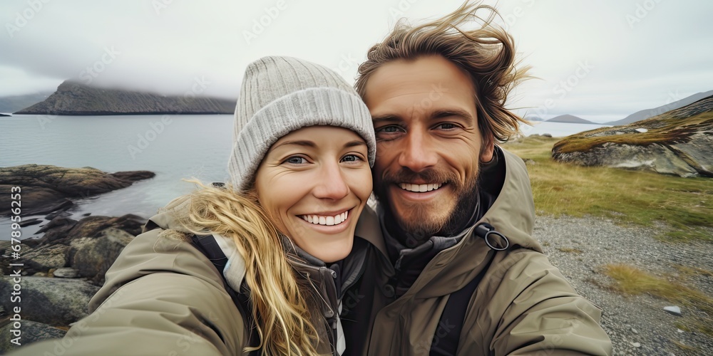 couple are taking selfie in the mountains, in the style of norwegian nature, generative AI couple are taking selfie in the mountains, in the style of norwegian nature, generative AI