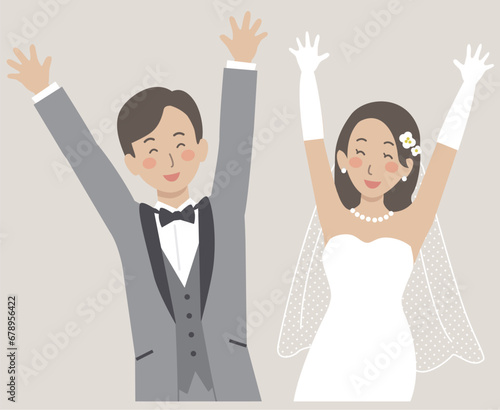 結婚式イラスト、バンザイをして喜ぶ新郎新婦
