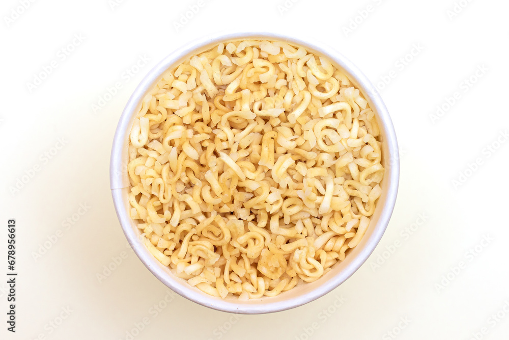 Instant Noodles in Disposable Cup on White Background - Top View. Asian Fast Food. Quick Lunch Instant Noodles in Disposable Cup on White Background - Top View. Asian Fast Food. Quick Lunch