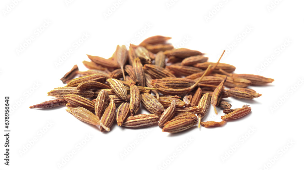 Heap of aromatic caraway (Persian cumin) seeds isolated on white Heap of aromatic caraway (Persian cumin) seeds isolated on white