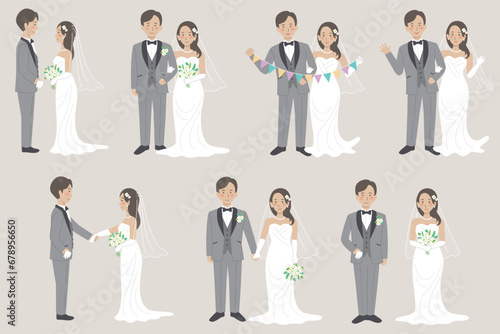 ウェディングドレス、タキシード、新郎新婦、全身、結婚式イラストバリエーションセット