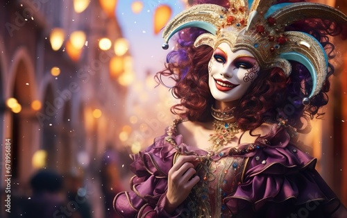 Mardi Gras poster. Happy woman wearing a carnival mask and a purple dress walking on European evening street. Venetian masquerade party outfit with feathers. Face covering. AI Generative