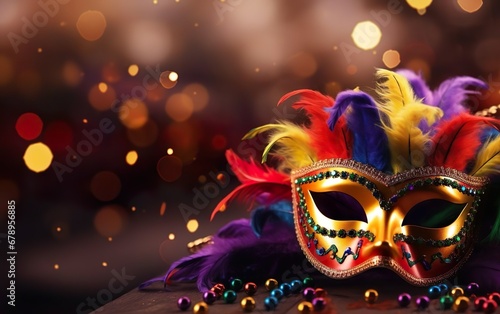 Mardi Gras poster. Banner with a Venetian mask and feathers, on blurred background. Copy space at the left. Costume party flyer for masquerades. Bokeh, de focus. AI Generative