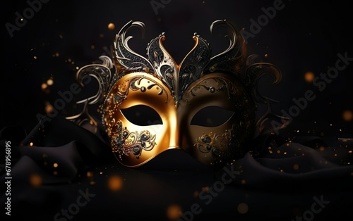 Happy Mardi Gras poster. Banner template with a photorealistic golden Venetian masquerade mask, faded on black background, copy space. Costume party flyer for carnivals. AI Generative