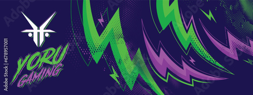 Gaming esport background striking stripes electric banner vector illustration design purple green halftone pattern modern abstract concept photo