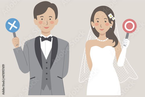 結婚式イラスト、マルとバツの札を持つ新郎新婦