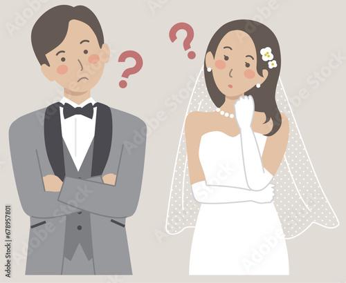 結婚式イラスト、ウエディング、悩む新郎新婦