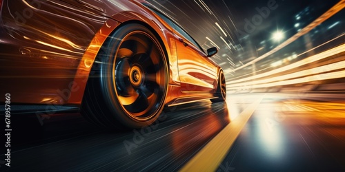 Car wheels close up, Sports car racing on the race track. Generative AI © Natee Meepian
