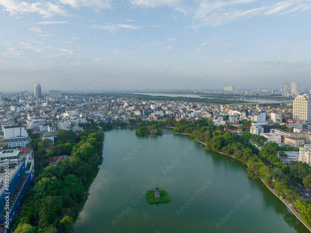 Aerial skyline view of Hoan Kiem lake ( Sword, Ho Guom lake), in center of Hanoi, Vietnam