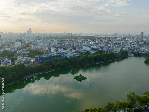 Aerial skyline view of Hoan Kiem lake ( Sword, Ho Guom lake), in center of Hanoi, Vietnam