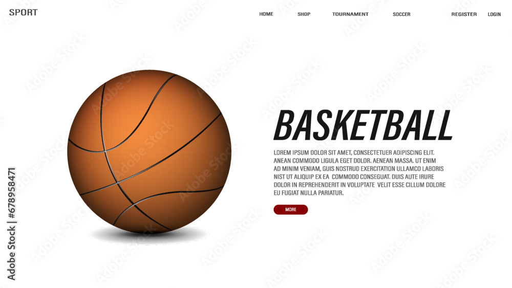 Web banner with 3d realistic basketball on a white background.
