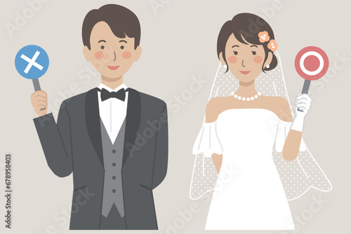 結婚式イラスト、マルとバツの札を持つ新郎新婦