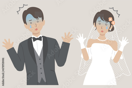結婚式イラスト、両手を広げて驚愕して悲しむ新郎新婦
